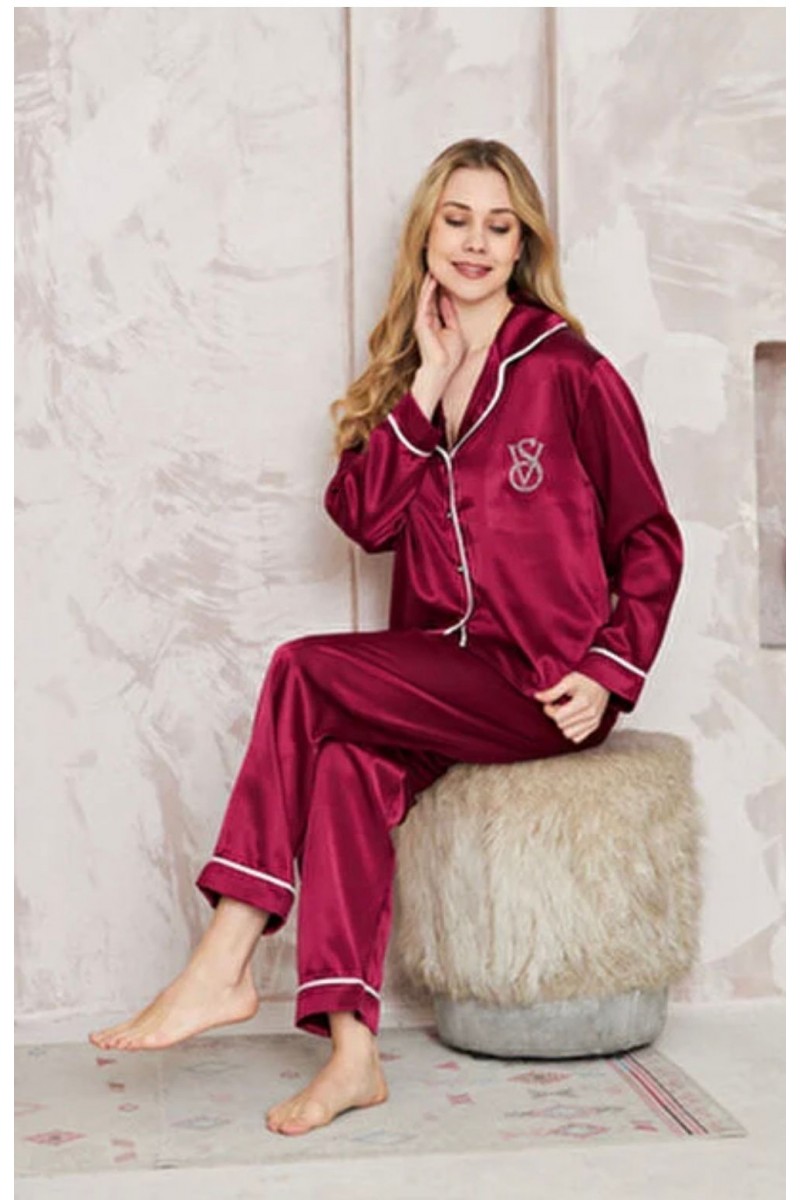 BORDO SATEN BAYAN PİJAMA TAKIMI-XL BEDEN-