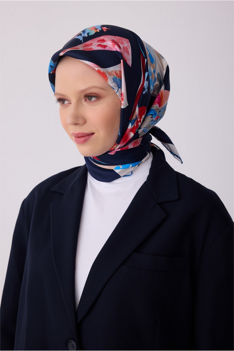 BELLİ Lacivert Obje Desen %100 Twill İpek Eşarp 4316 - 02
