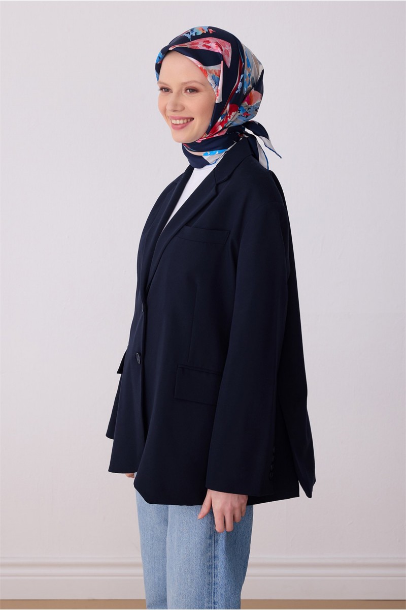 BELLİ Lacivert Obje Desen %100 Twill İpek Eşarp 4316 - 02