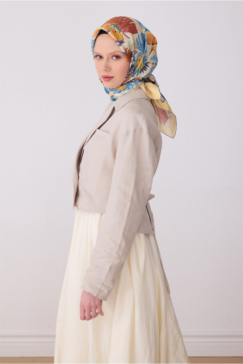 BELLİ Çok Renkli Çiçek Desen %100 Twill İpek Eşarp 4323 - 80