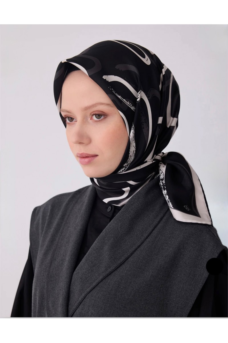 BELLİ Siyah Soyut Desen %100 Twill İpek Eşarp 4309-01