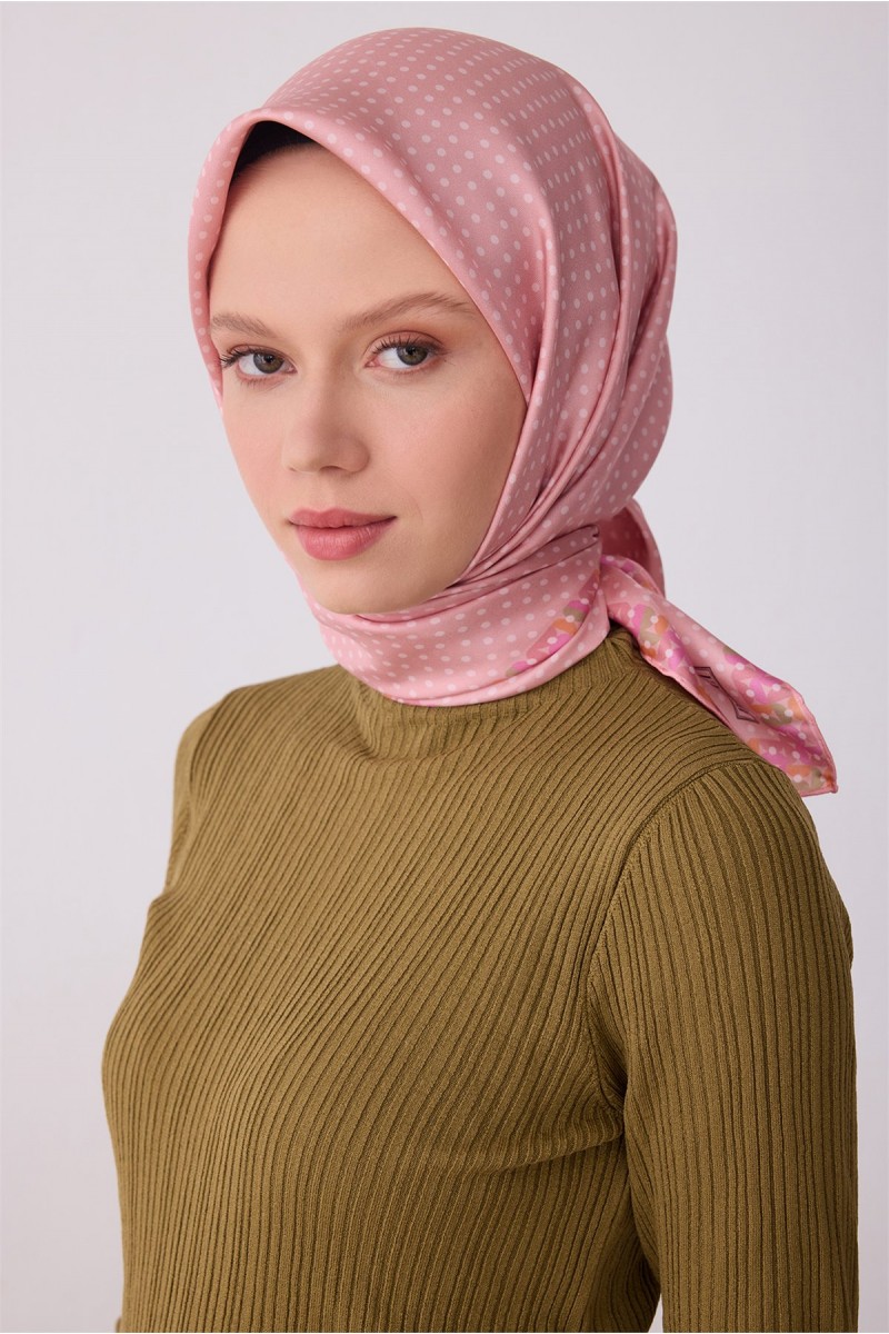 BELLİ PEMBE PUANTİYELİ TİVİL İPEK EŞARP -4326-01