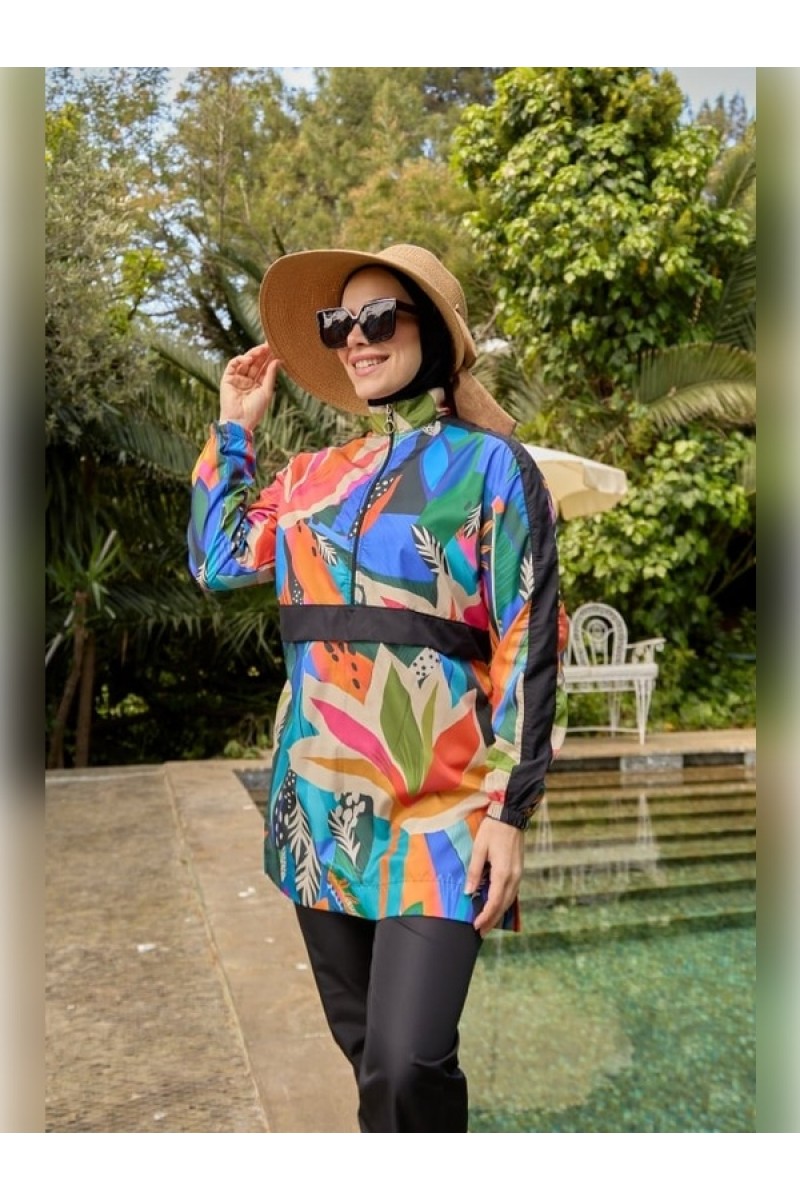  Floral Desenli Tesettür Mayo (40 BEDEN) (4 PARÇA PANTOLON-TUNİK-BÜSTİYER-BONE)