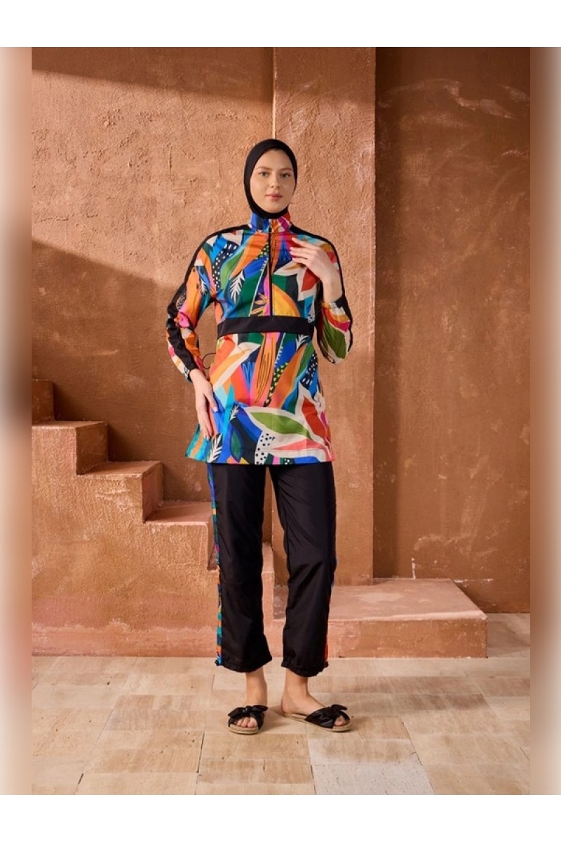  Floral Desenli Tesettür Mayo(38 BEDEN) (4 PARÇA PANTOLON-TUNİK-BÜSTİYER-BONE)