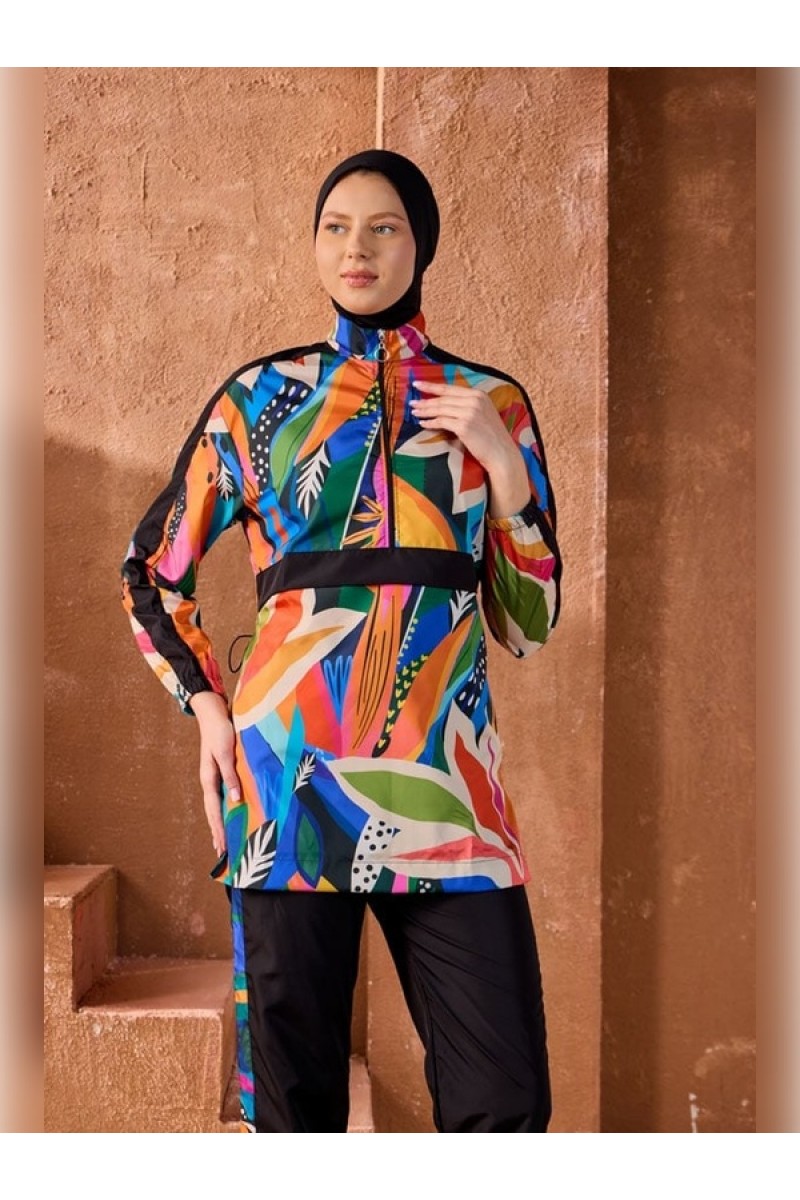  Floral Desenli Tesettür Mayo(38 BEDEN) (4 PARÇA PANTOLON-TUNİK-BÜSTİYER-BONE)