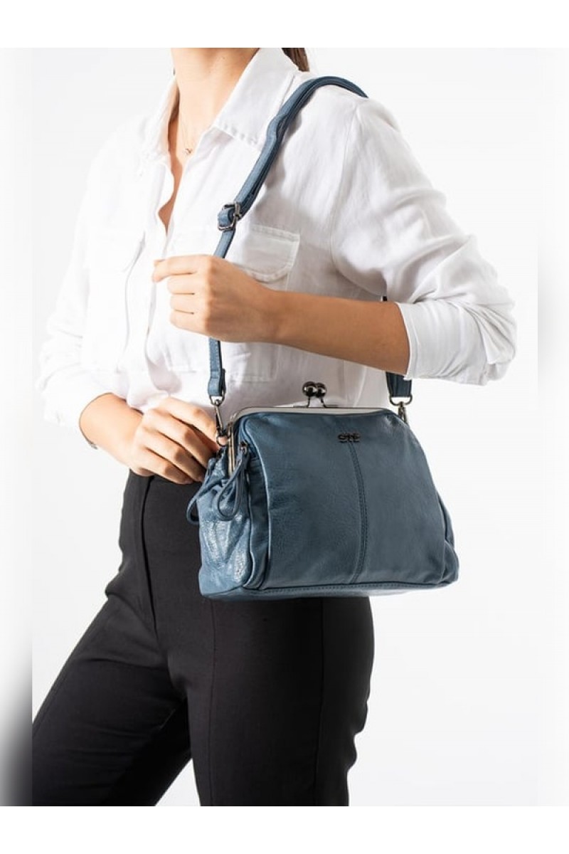571 Collections Çanta Yıkama Deri Klipsli Fermuarlı 3 Bölmeli Burslu Omuz Çantası MAVİ 