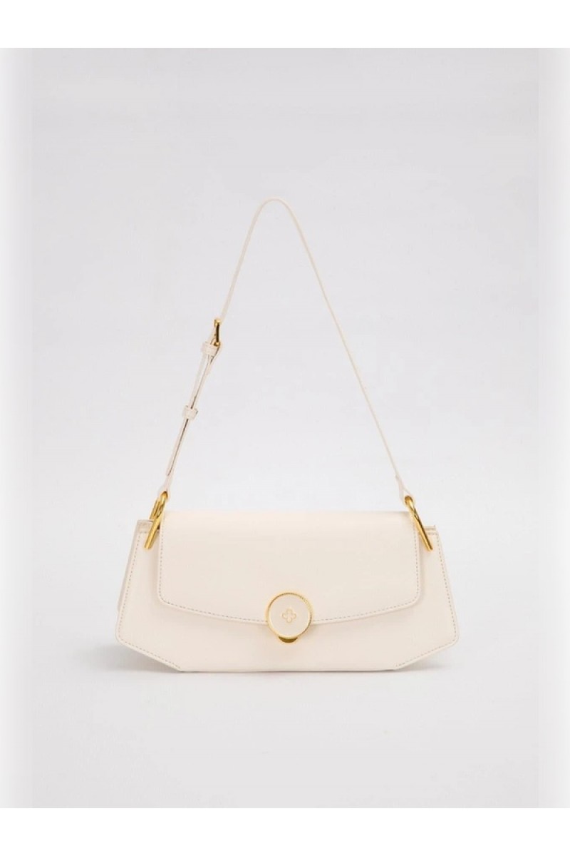 Krem Oval Gold Aksesuarlı Omuz Çantası