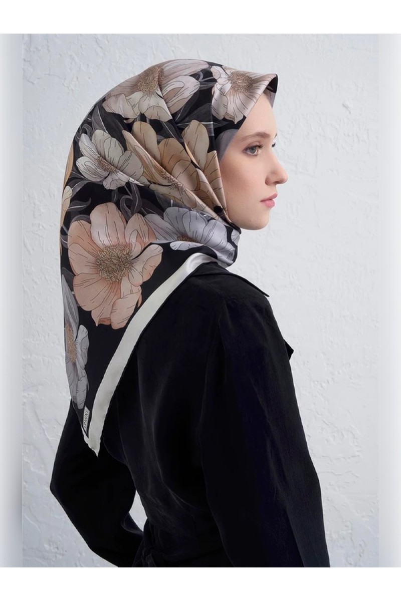 Armine Çiçek Desenli Saf İpek Twill Eşarp 9403D 84