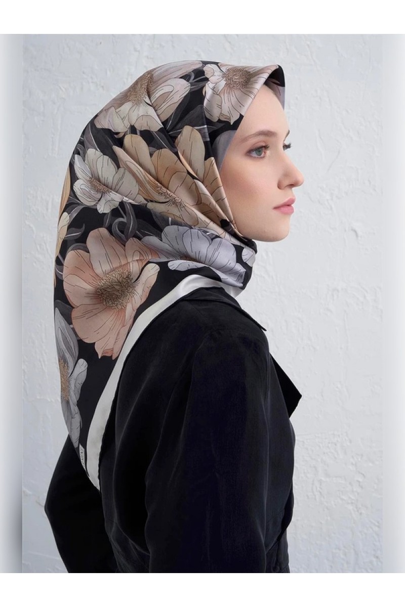 Armine Çiçek Desenli Saf İpek Twill Eşarp 9403D 84