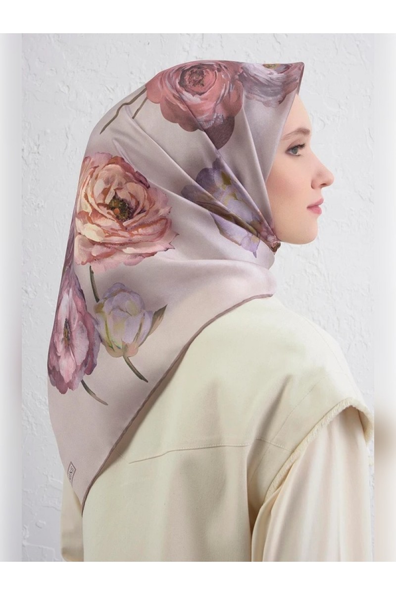 Armine Çiçek Desenli Saf İpek Sura Eşarp 9419D 06