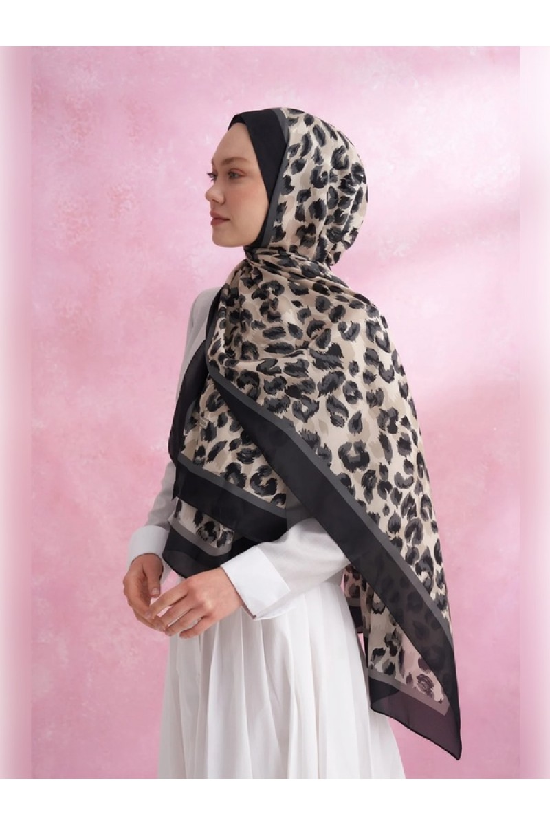 ARMANDA Multi Leopar Desenli İthal Vual Şal - Siyah-Gri